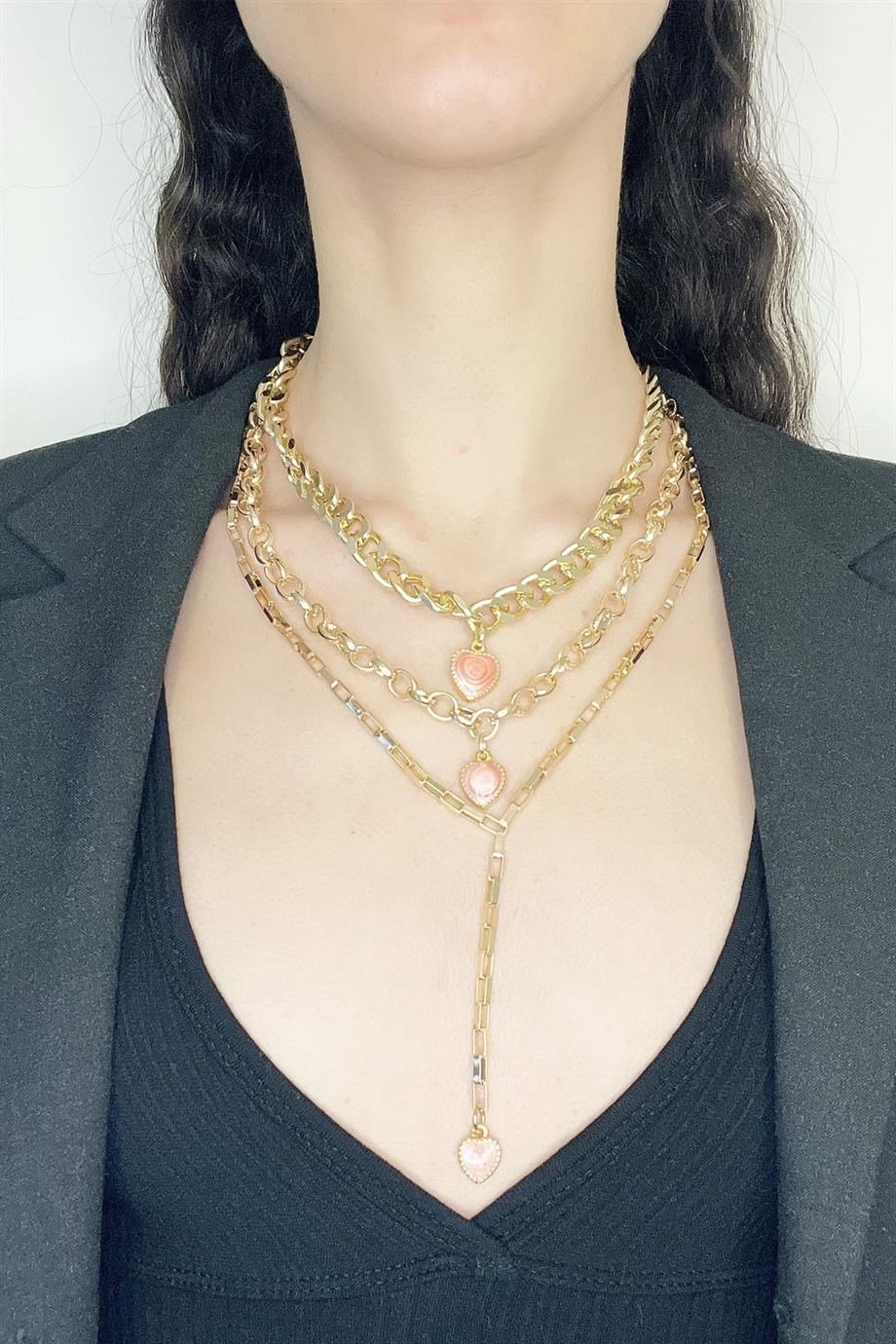 Pembe Kalp Detaylı Çoklu Gold Renk Kolye