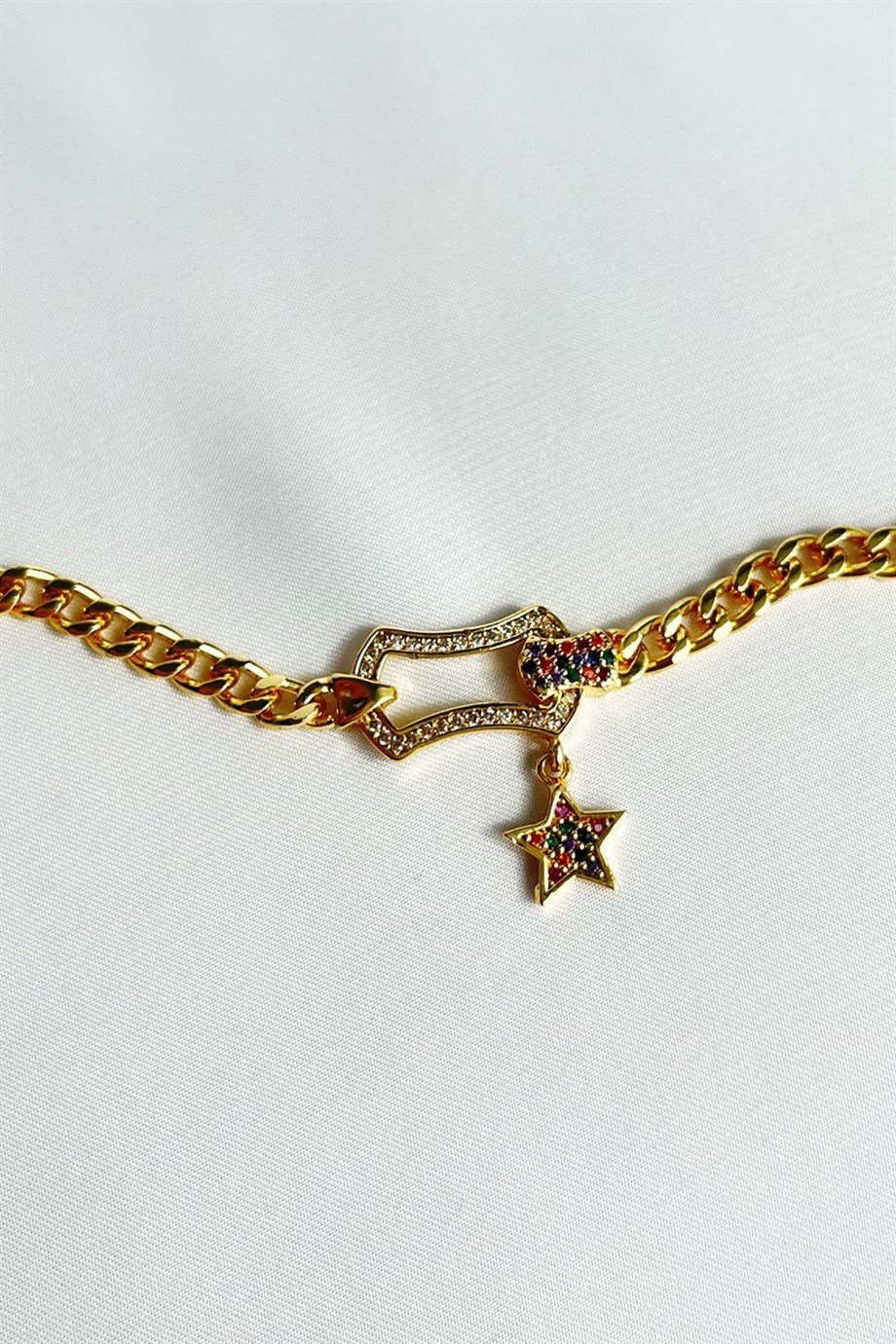 Renkli Yıldız Uçlu Zirkon Taşlı Gold Bileklik