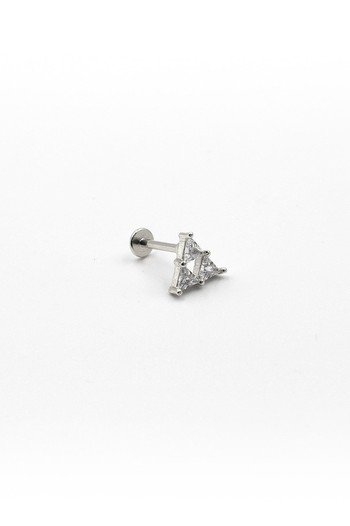Taşlı Üçgen Model Tragus Piercing - Gümüş | Anti Alerjik, Kararma Yapmaz, 8 mm