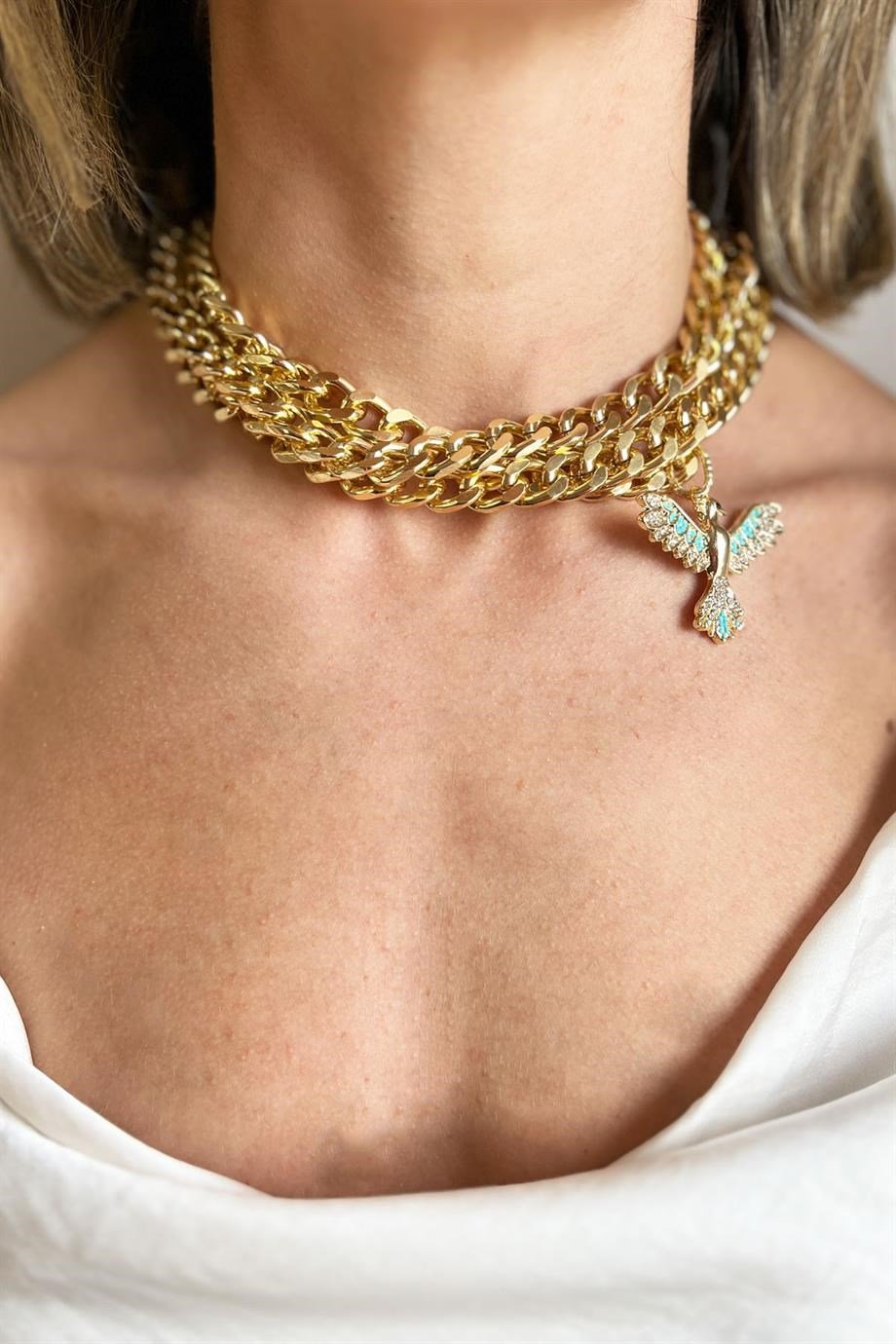 Turkuaz Anka Detaylı Choker Kolye