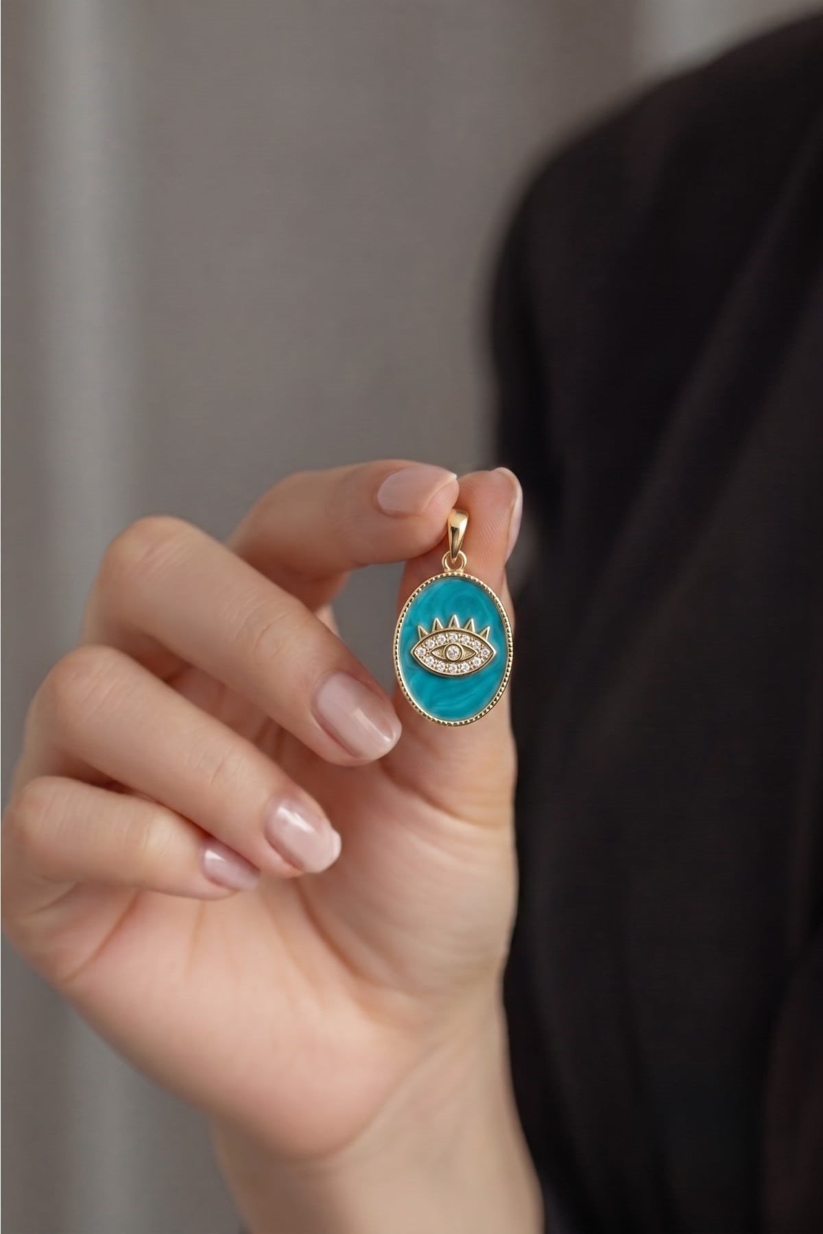 Turkuaz Mineli Zirkon Taşlı Mistik Göz Kolye Ucu - Gold Renk 1.7 cm