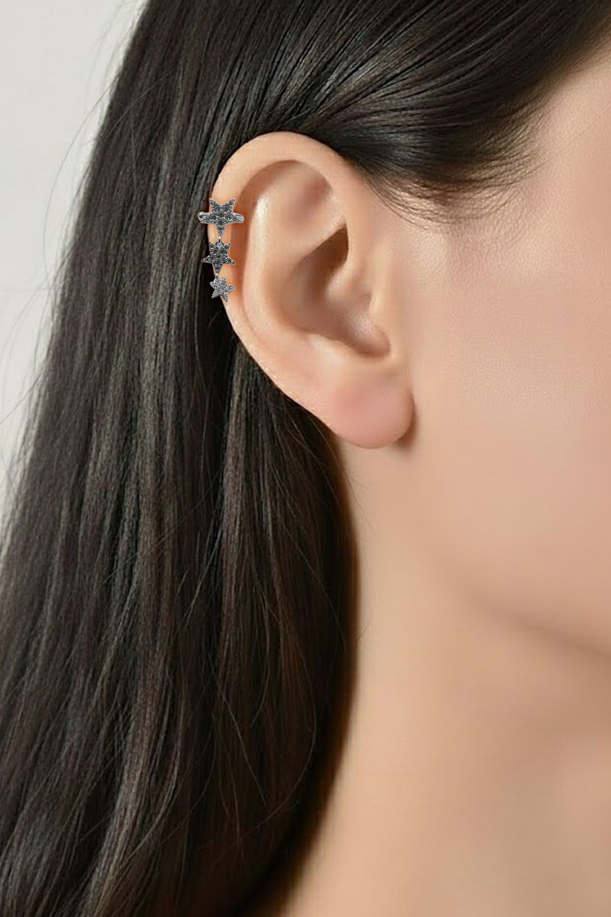 Üçlü Yıldız Zirkon Earcuff Kıkırdak Küpe – Gümüş, Sıkıştırmalı, Anti Alerjik