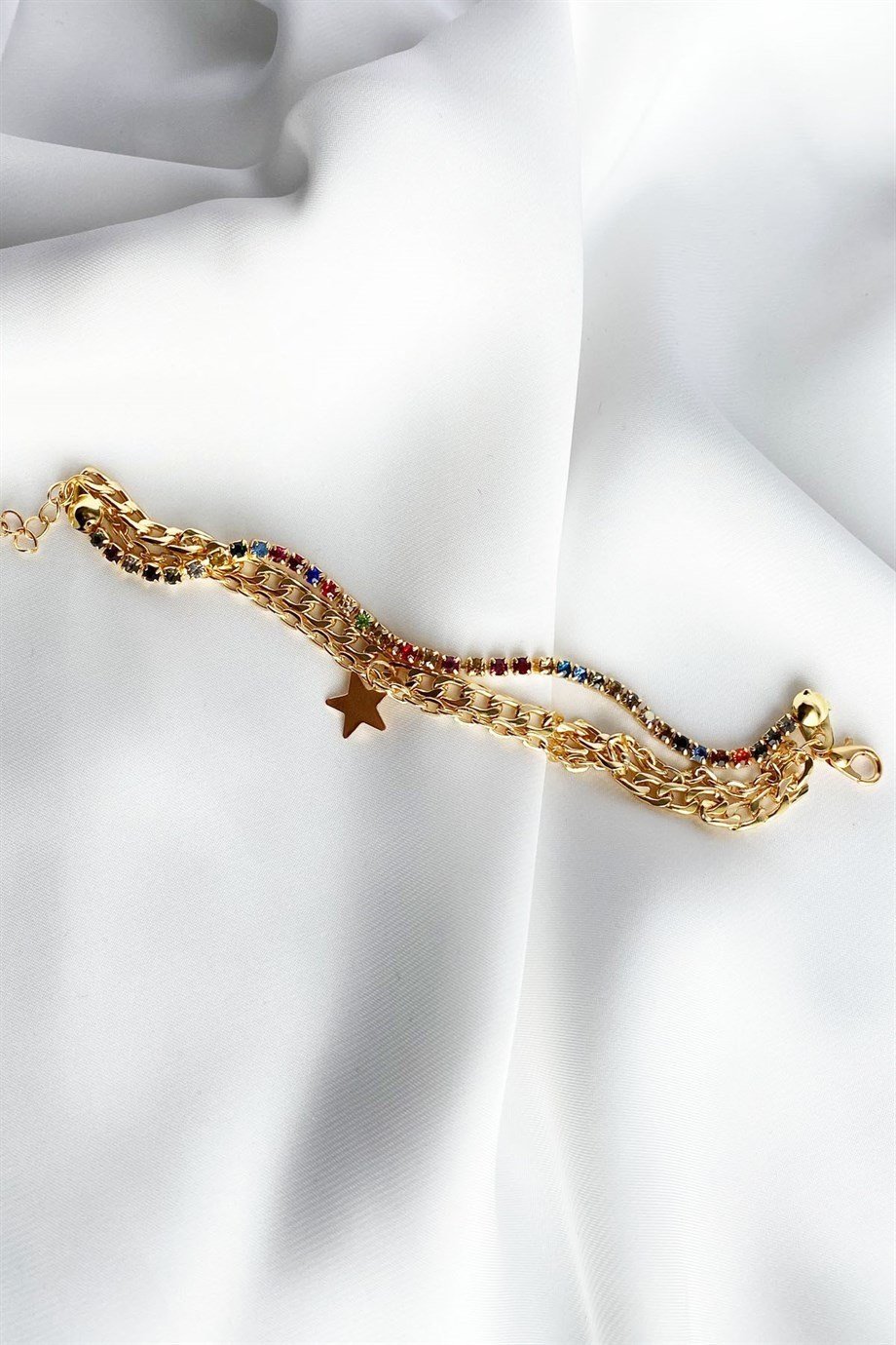 Yıldız Detaylı Renkli Swarovski Taşlı Gold Bileklik
