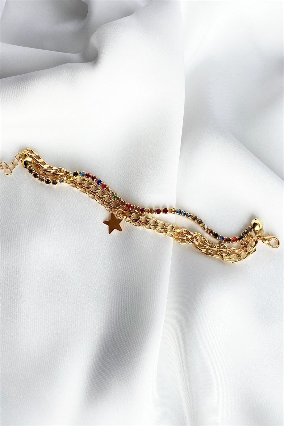 Yıldız Detaylı Renkli Swarovski Taşlı Gold Bileklik