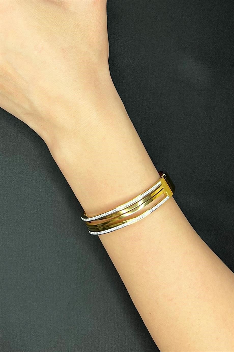 Zirkon Taşlı Gold Renk Çelik Kelepçe Bileklik