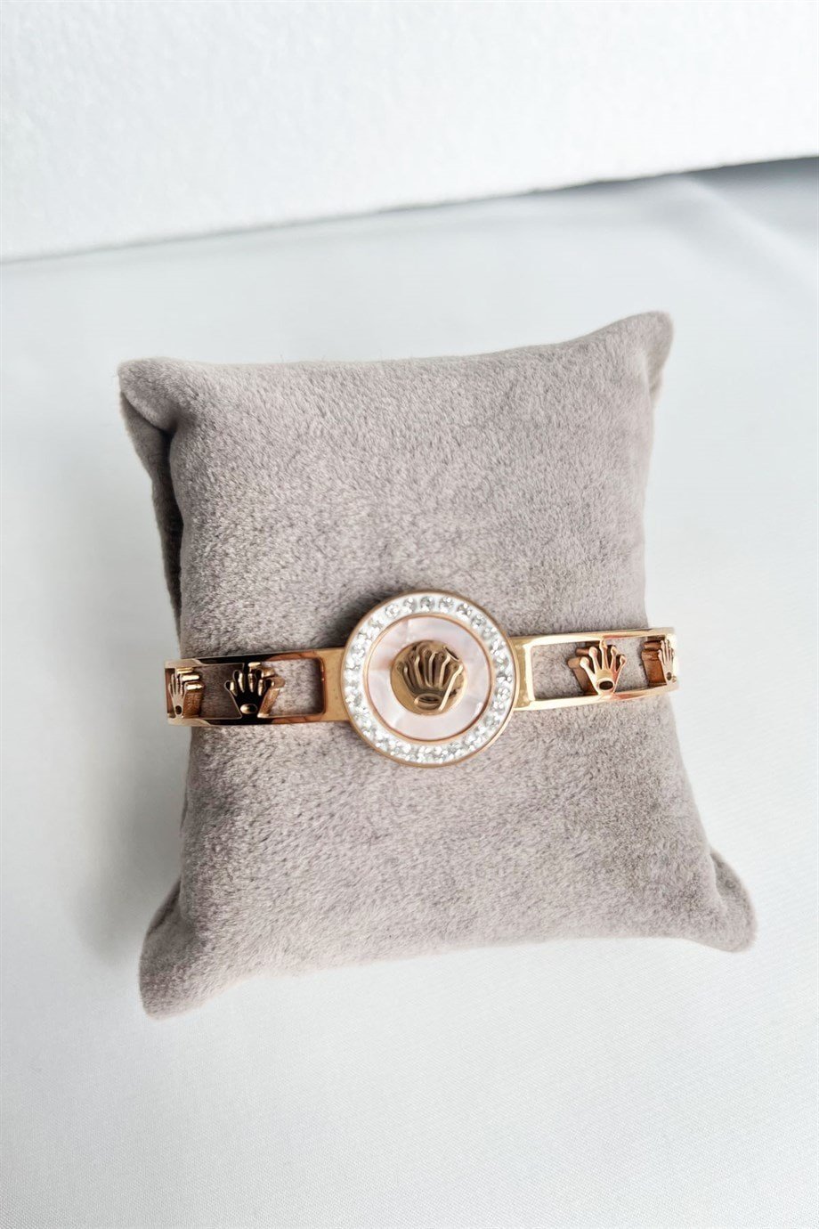 Zirkon Taşlı Rose Markalı Çelik Kelepçe Bileklik