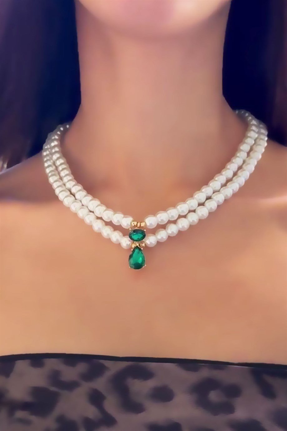 Zümrüt Kristal Uçlu İnci Kolye