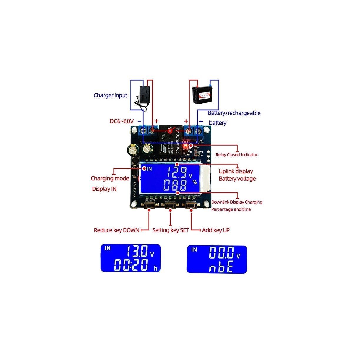 🔋CD60L Pil Şarj Deşarj Kontrol Modülü (6-60V Dc LCD Ekranlı)
