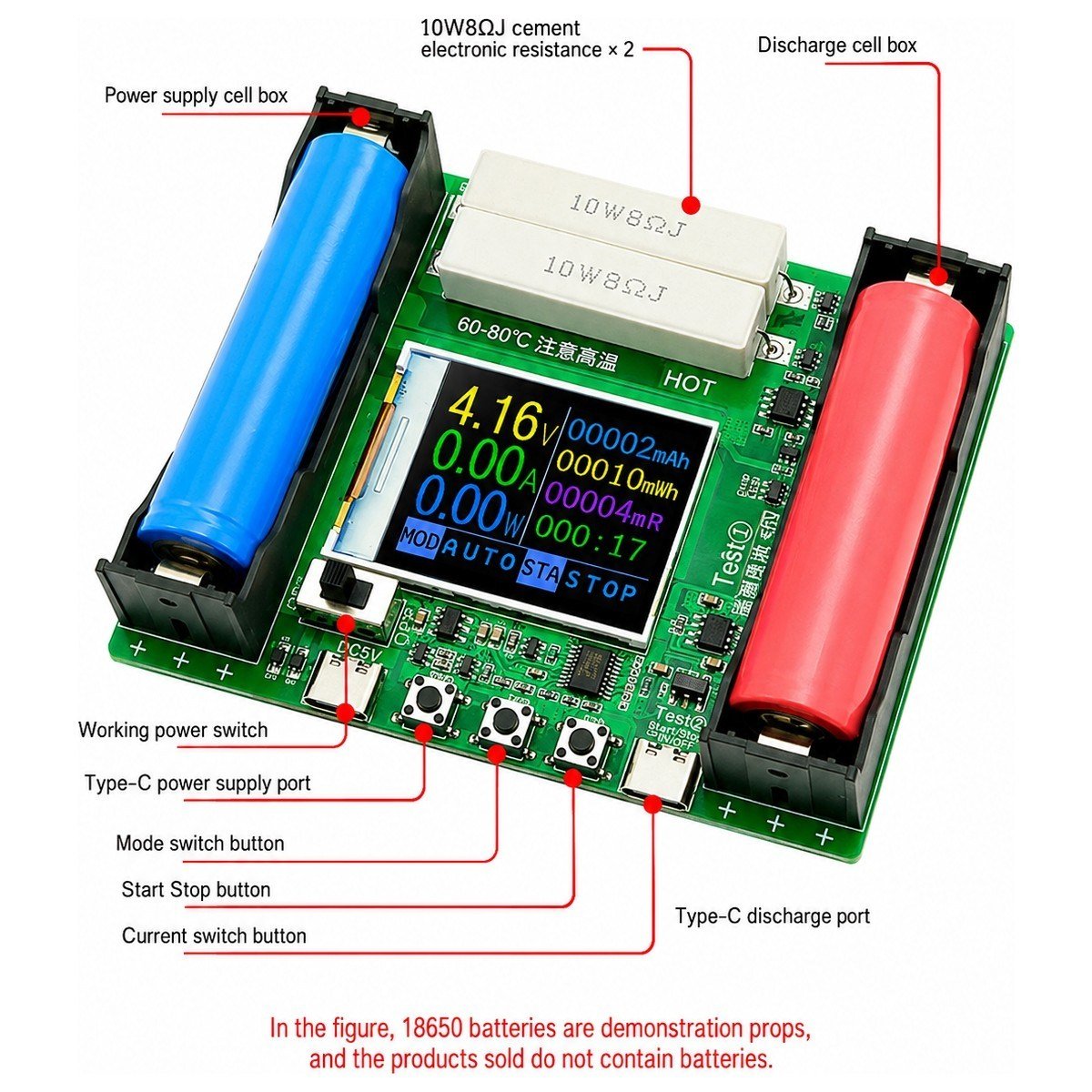 18650 LCD Dijital Lityum Pil Kapasite Test Cihazı | Type-C Beslemeli | LCD Ekranlı