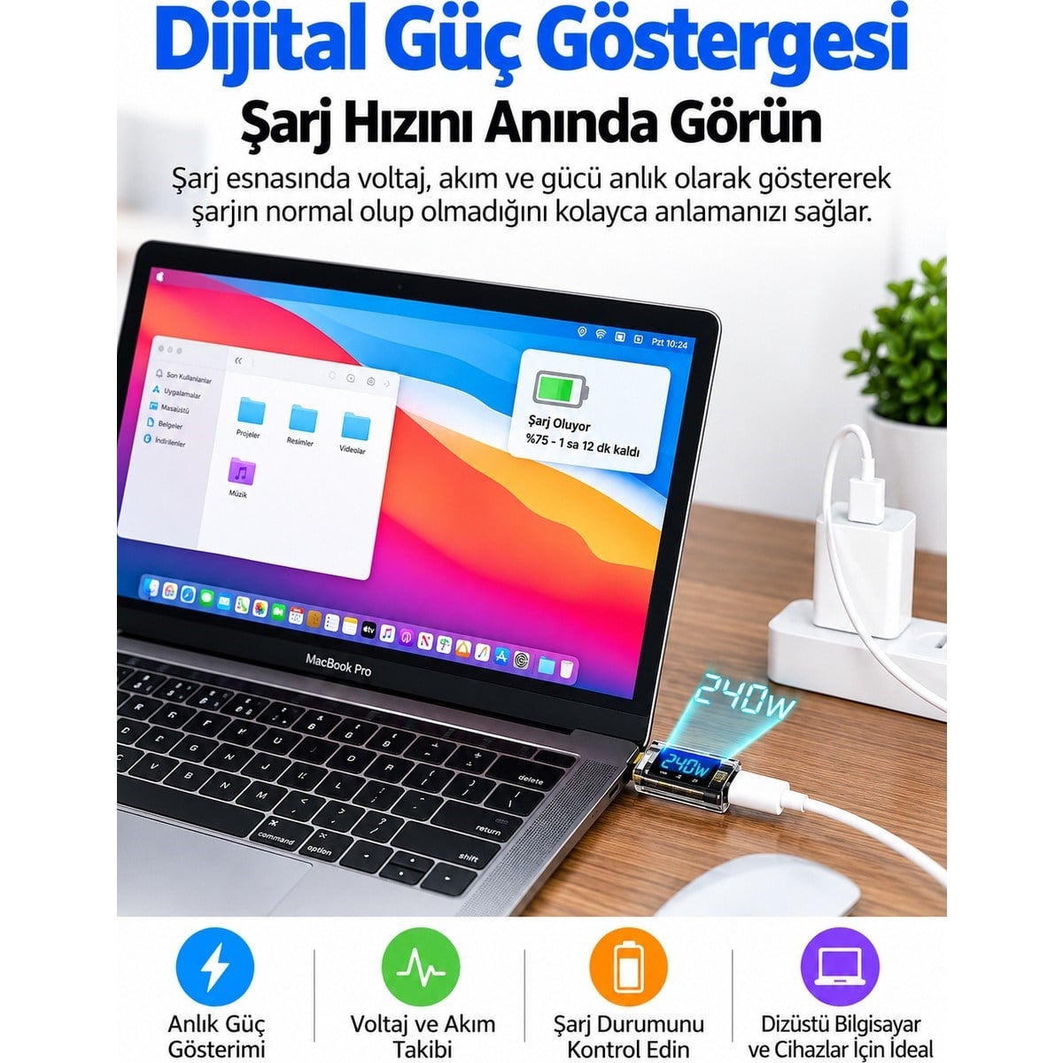 240W USB Type-C Dijital Güç Ölçer Adaptör – 40GBPS Veri Aktarımı, 8k Görüntü, Voltaj Akım Watt Göstergeli