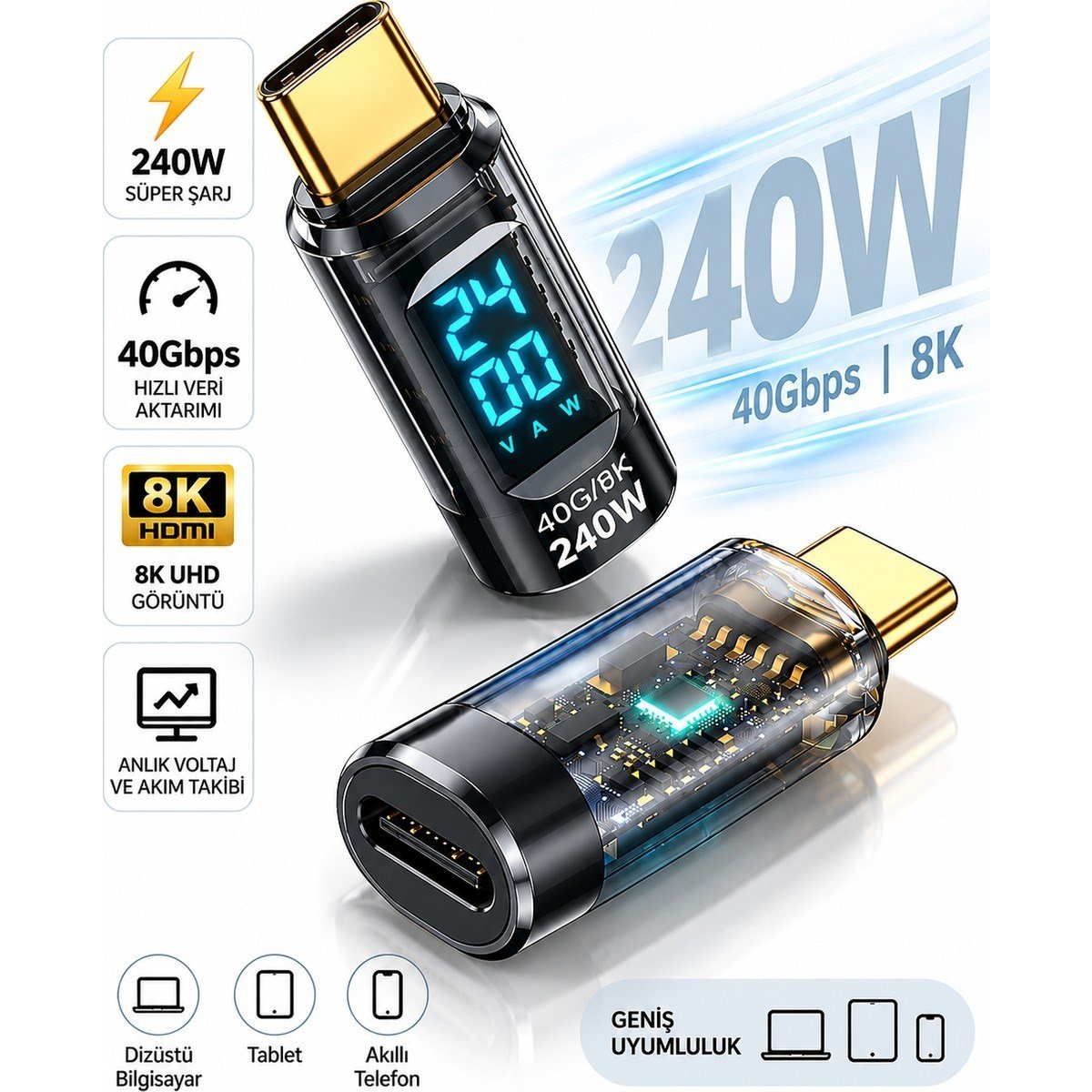 240W USB Type-C Dijital Güç Ölçer Adaptör – 40GBPS Veri Aktarımı, 8k Görüntü, Voltaj Akım Watt Göstergeli