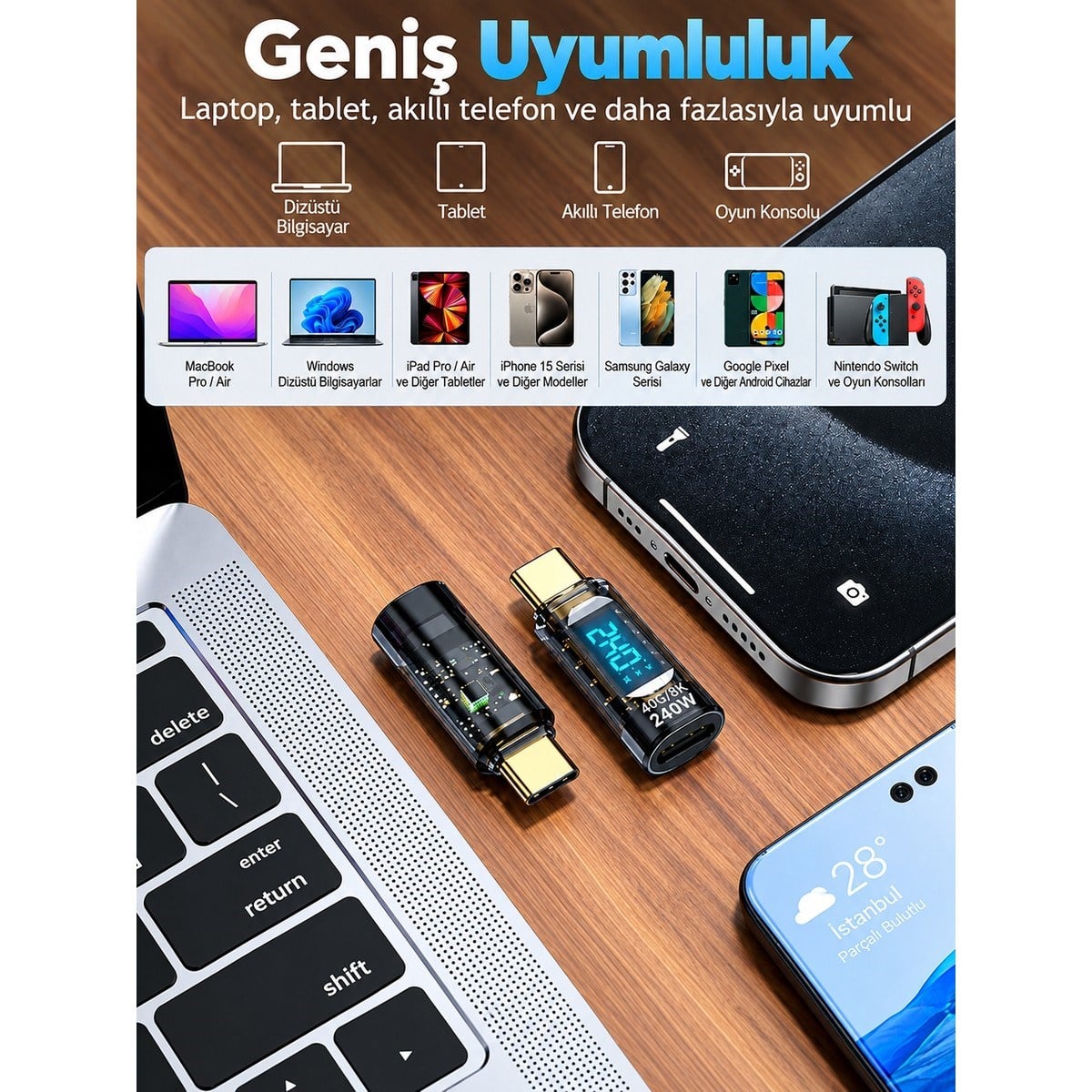 240W USB Type-C Dijital Güç Ölçer Adaptör – 40GBPS Veri Aktarımı, 8k Görüntü, Voltaj Akım Watt Göstergeli
