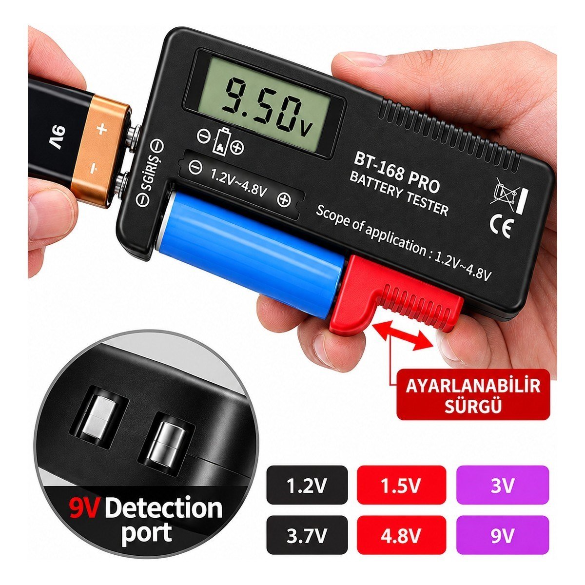 BT-168 Pro Dijital LCD Pil ve Batarya Test Cihazı – 18650, Aa, Aaa, C, D ve 9V Uyumlu
