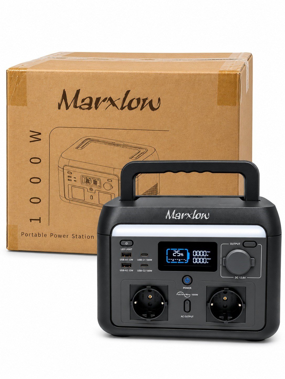 Marxlow 1000W Pro 768Wh LiFePO4 Taşınabilir Güç İstasyonu – EPS (Acil Güç Besleme) - Wi-Fi, 2000W Tepe (Max.) Güç, 100W USB-C, Saf Sinüs AC
