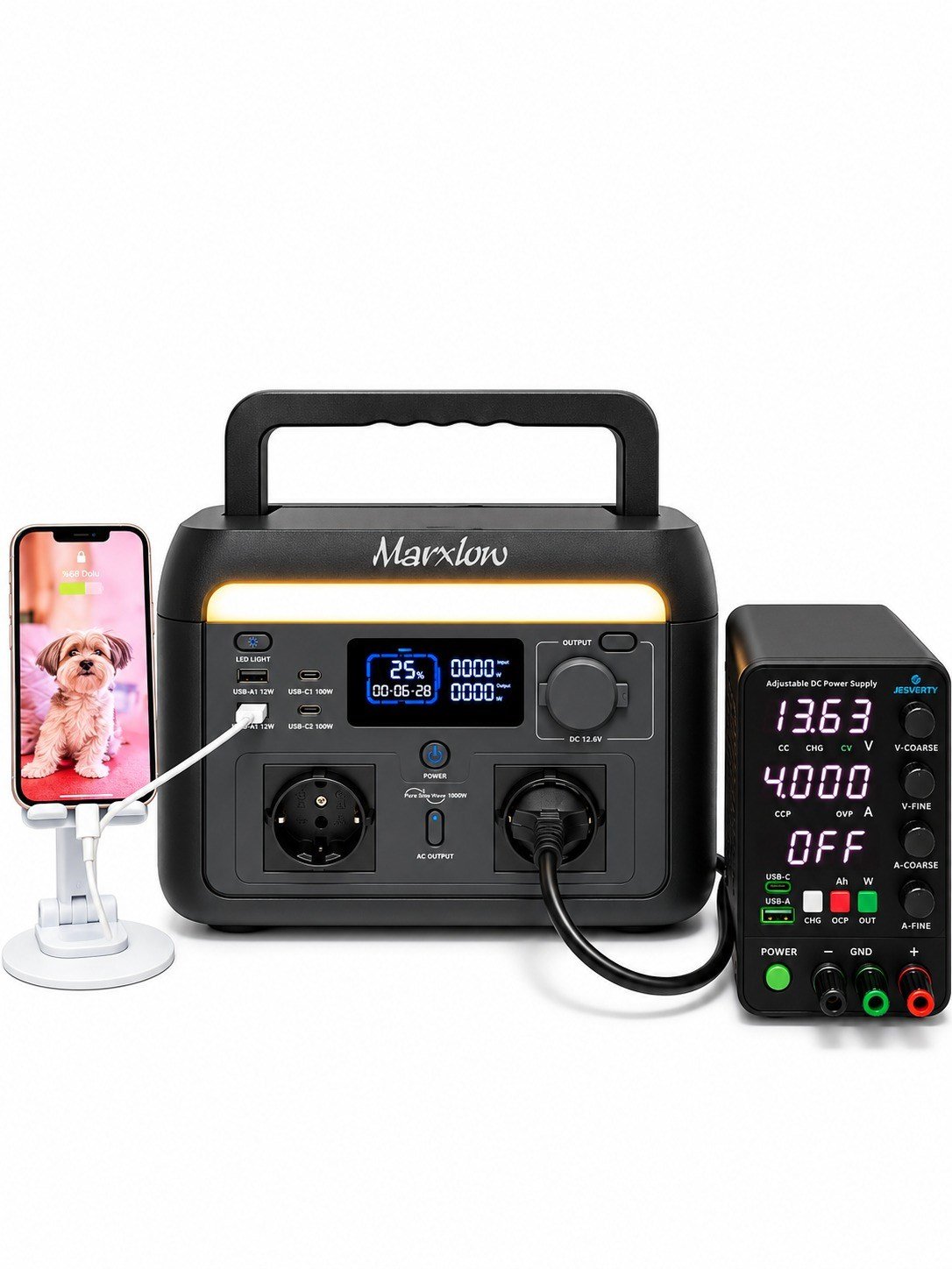 Marxlow 1000W Pro 768Wh LiFePO4 Taşınabilir Güç İstasyonu – EPS (Acil Güç Besleme) - Wi-Fi, 2000W Tepe (Max.) Güç, 100W USB-C, Saf Sinüs AC
