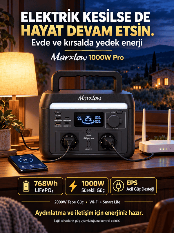 Marxlow 1000W Pro 768Wh LiFePO4 Taşınabilir Güç İstasyonu – EPS (Acil Güç Besleme) - Wi-Fi, 2000W Tepe (Max.) Güç, 100W USB-C, Saf Sinüs AC