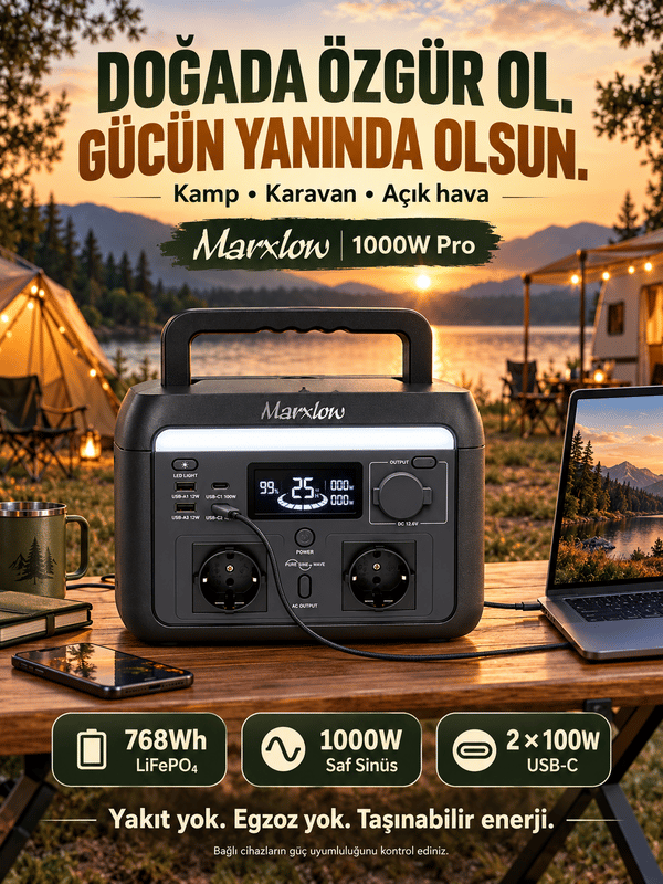 Marxlow 1000W Pro 768Wh LiFePO4 Taşınabilir Güç İstasyonu – EPS (Acil Güç Besleme) - Wi-Fi, 2000W Tepe (Max.) Güç, 100W USB-C, Saf Sinüs AC