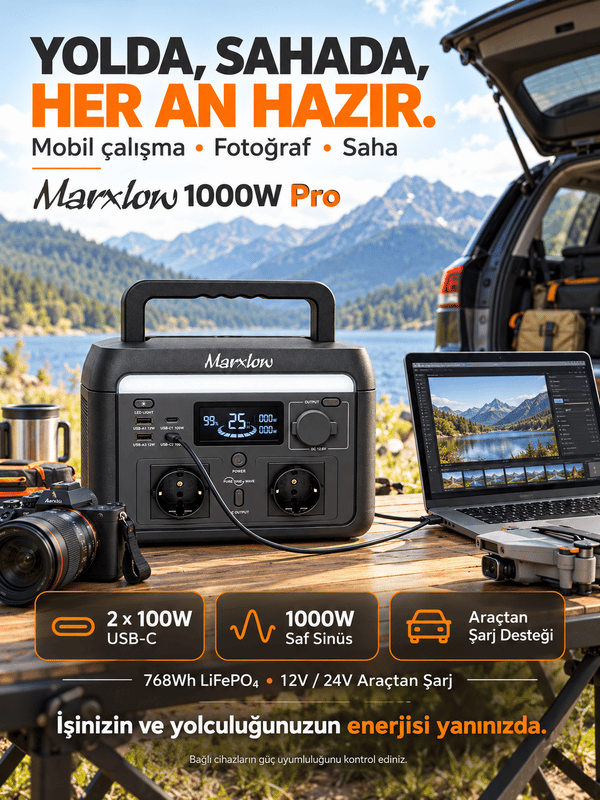 Marxlow 1000W Pro 768Wh LiFePO4 Taşınabilir Güç İstasyonu – EPS (Acil Güç Besleme) - Wi-Fi, 2000W Tepe (Max.) Güç, 100W USB-C, Saf Sinüs AC