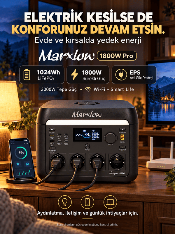 Marxlow 1800W Pro 1024Wh LiFePO₄ Taşınabilir Güç İstasyonu – EPS (Acil Güç Besleme) - 3000W Tepe (Max) Güç, 140W USB-C, Kablosuz Şarj, Wi-Fi