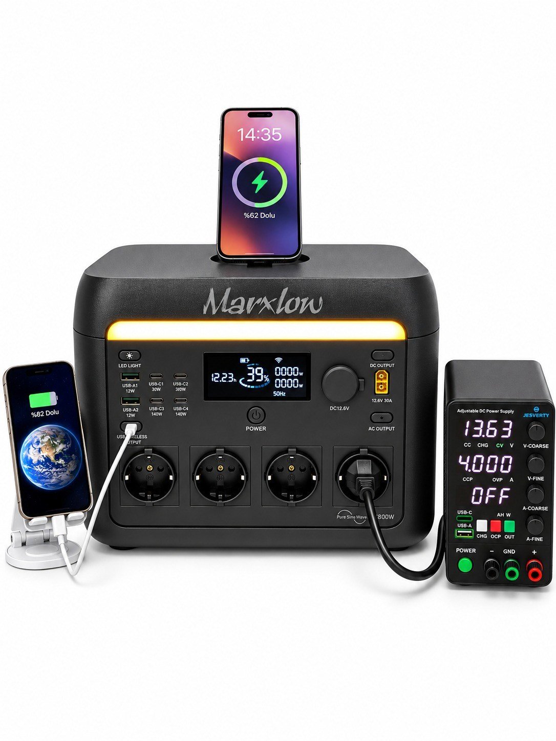 Marxlow 1800W Pro 1024Wh LiFePO₄ Taşınabilir Güç İstasyonu – EPS (Acil Güç Besleme) - 3000W Tepe (Max) Güç, 140W USB-C, Kablosuz Şarj, Wi-Fi