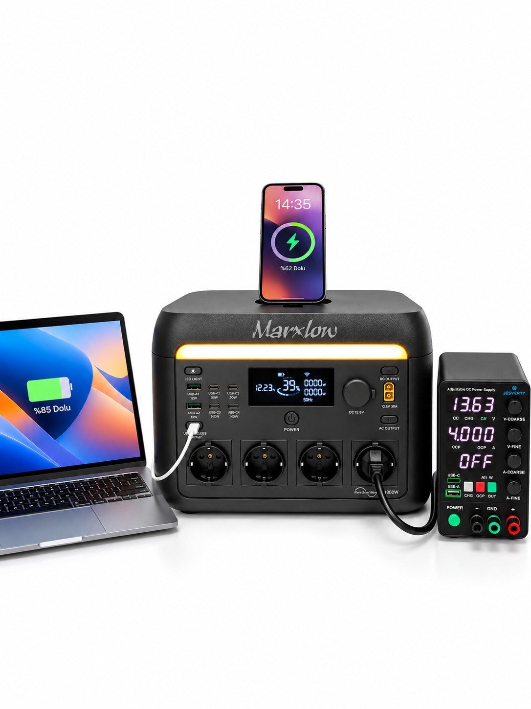 Marxlow 1800W Pro 1024Wh LiFePO₄ Taşınabilir Güç İstasyonu – EPS (Acil Güç Besleme) - 3000W Tepe (Max) Güç, 140W USB-C, Kablosuz Şarj, Wi-Fi