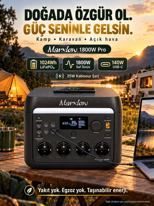 Marxlow 1800W Pro 1024Wh LiFePO₄ Taşınabilir Güç İstasyonu – EPS (Acil Güç Besleme) - 3000W Tepe (Max) Güç, 140W USB-C, Kablosuz Şarj, Wi-Fi