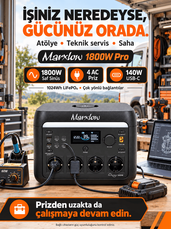 Marxlow 1800W Pro 1024Wh LiFePO₄ Taşınabilir Güç İstasyonu – EPS (Acil Güç Besleme) - 3000W Tepe (Max) Güç, 140W USB-C, Kablosuz Şarj, Wi-Fi