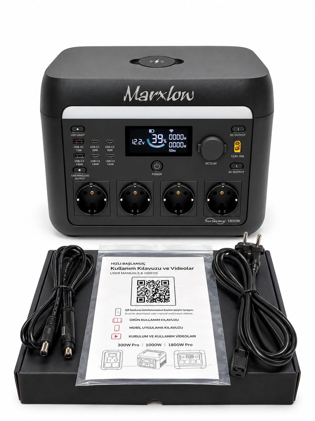 Marxlow 1800W Pro 1024Wh LiFePO₄ Taşınabilir Güç İstasyonu – EPS (Acil Güç Besleme) - 3000W Tepe (Max) Güç, 140W USB-C, Kablosuz Şarj, Wi-Fi