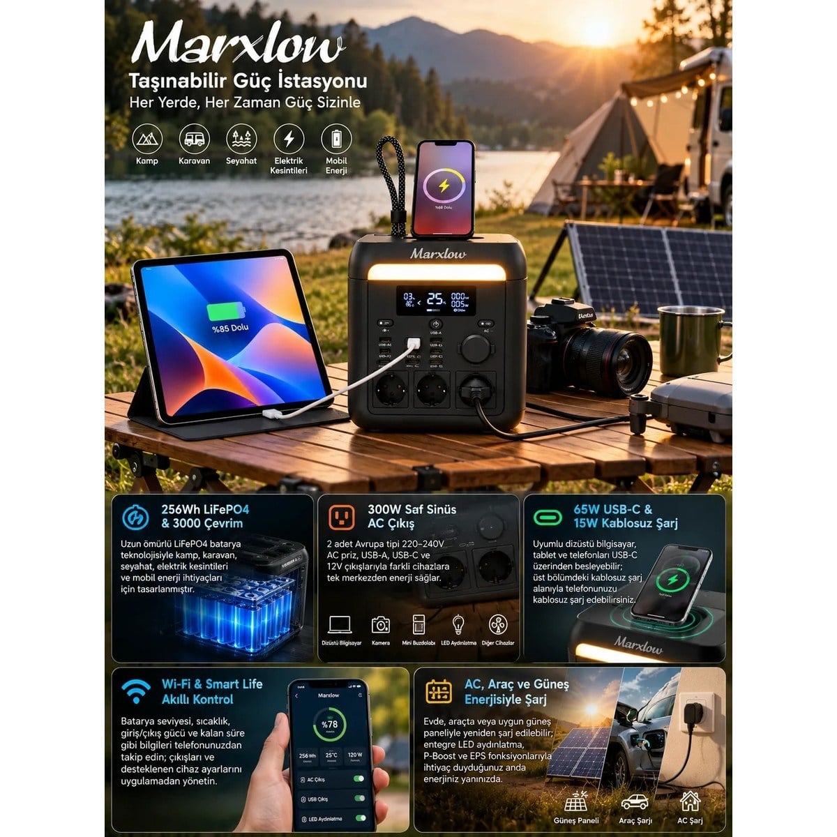 Marxlow 300W Pro 256WH Lifepo4 Taşınabilir Güç Istasyonu – Eps (Acil Güç Besleme)- Wi-Fi, Kablosuz Şarj, 65W Usb-C, 230V Ac OZK001512