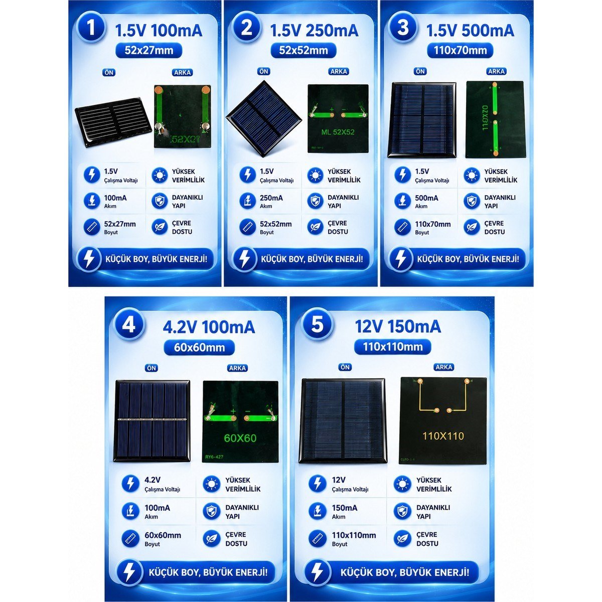 Mini Güneş Paneli Seti 5’li Solar Panel Paketi (1.5V / 4.2V / 12V)