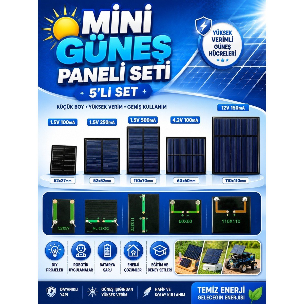 Mini Güneş Paneli Seti 5’li Solar Panel Paketi (1.5V / 4.2V / 12V)