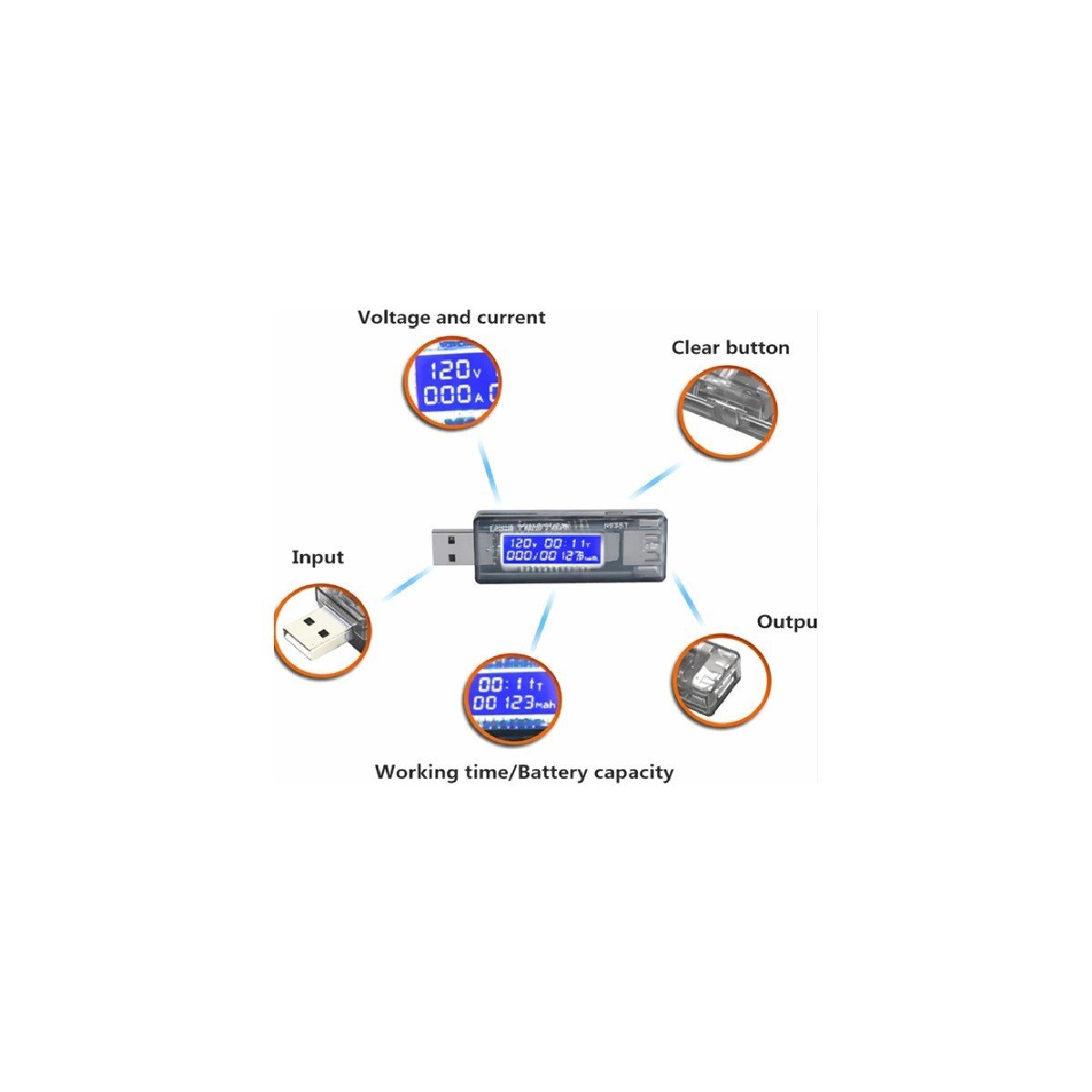 OEM KWS-V20 LED Ekranlı USB Voltmetre Ampermetre USB Sarj ve Kapasite Cihazı - (4-20V, 0-3A, 0-99H, 0-99999MAH)
