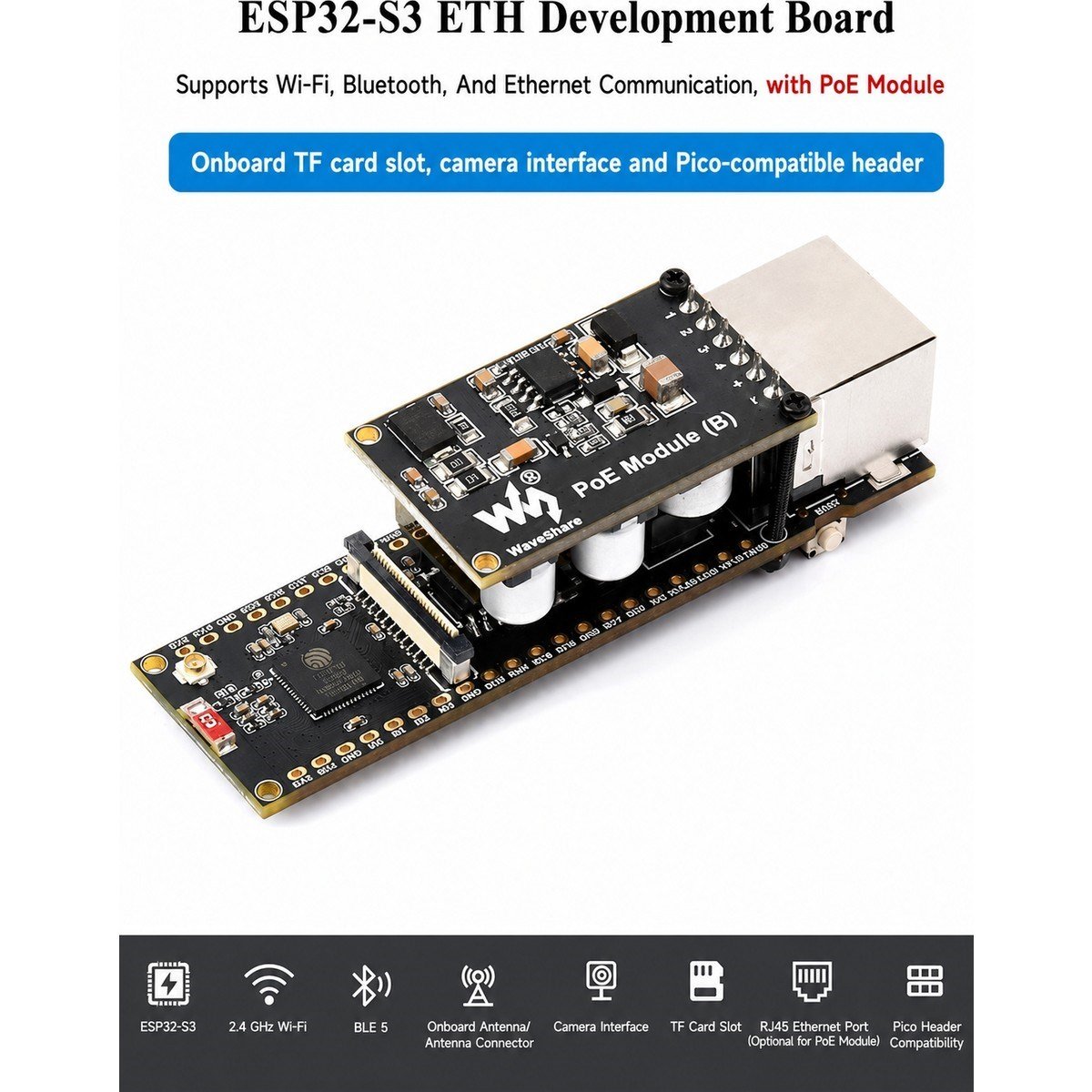 Waveshare ESP32-S3-POE-ETH Ethernet Geliştirme Kartı - Wi-Fi ve Bluetooth - Poe Modülü ile Birlikte
