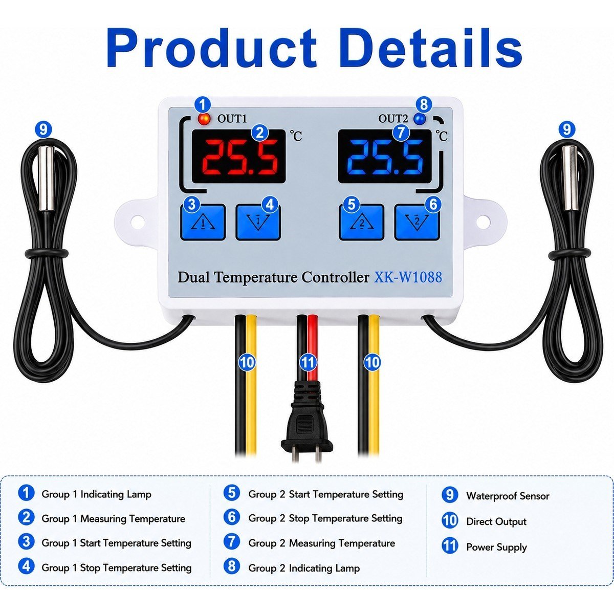 XK-W1088 Çift Kanallı Dijital Sıcaklık Kontrol Cihazı | 12V Dc | 2×10A Röle | Çift Ntc Sensör