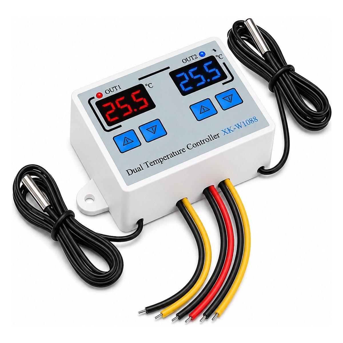 XK-W1088 Çift Kanallı Dijital Sıcaklık Kontrol Cihazı | 12V Dc | 2×10A Röle | Çift Ntc Sensör