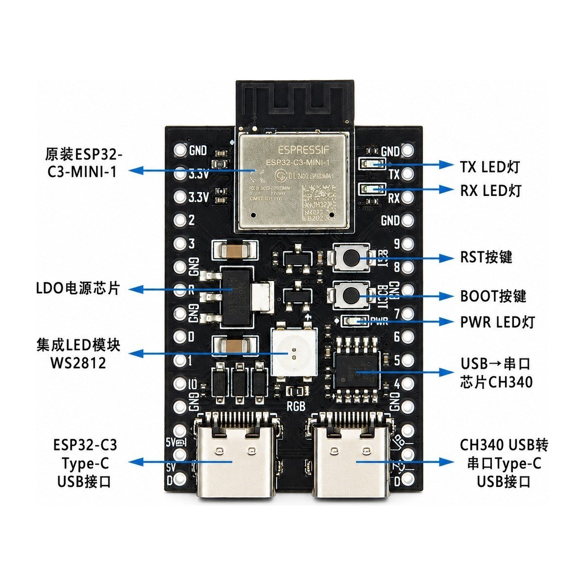 YD-ESP32-C3 Wi-Fi Bluetooth Geliştirme Kartı (ESP32-C3 Rısc-V 160 Mhz)