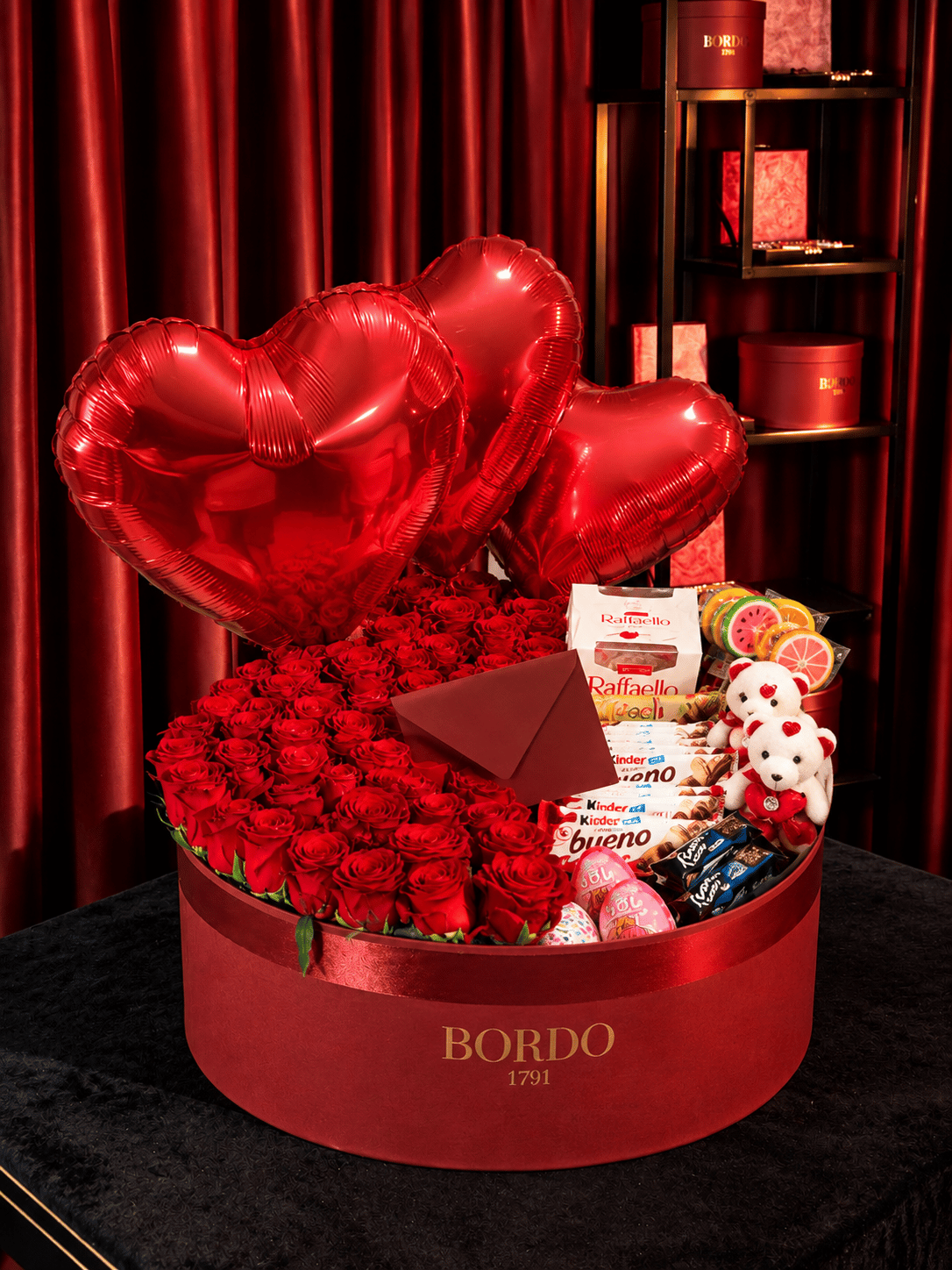 3 Balonlu Love Box - BORDO 1791 | İstanbul Gül ve Çikolata Kutusu