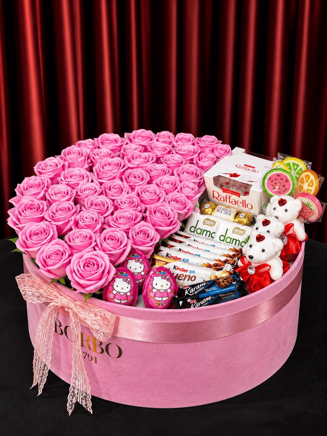 Pembe Kadife Kutu Love Box - BORDO 1791 | İstanbul Gül ve Çikolata Kutusu