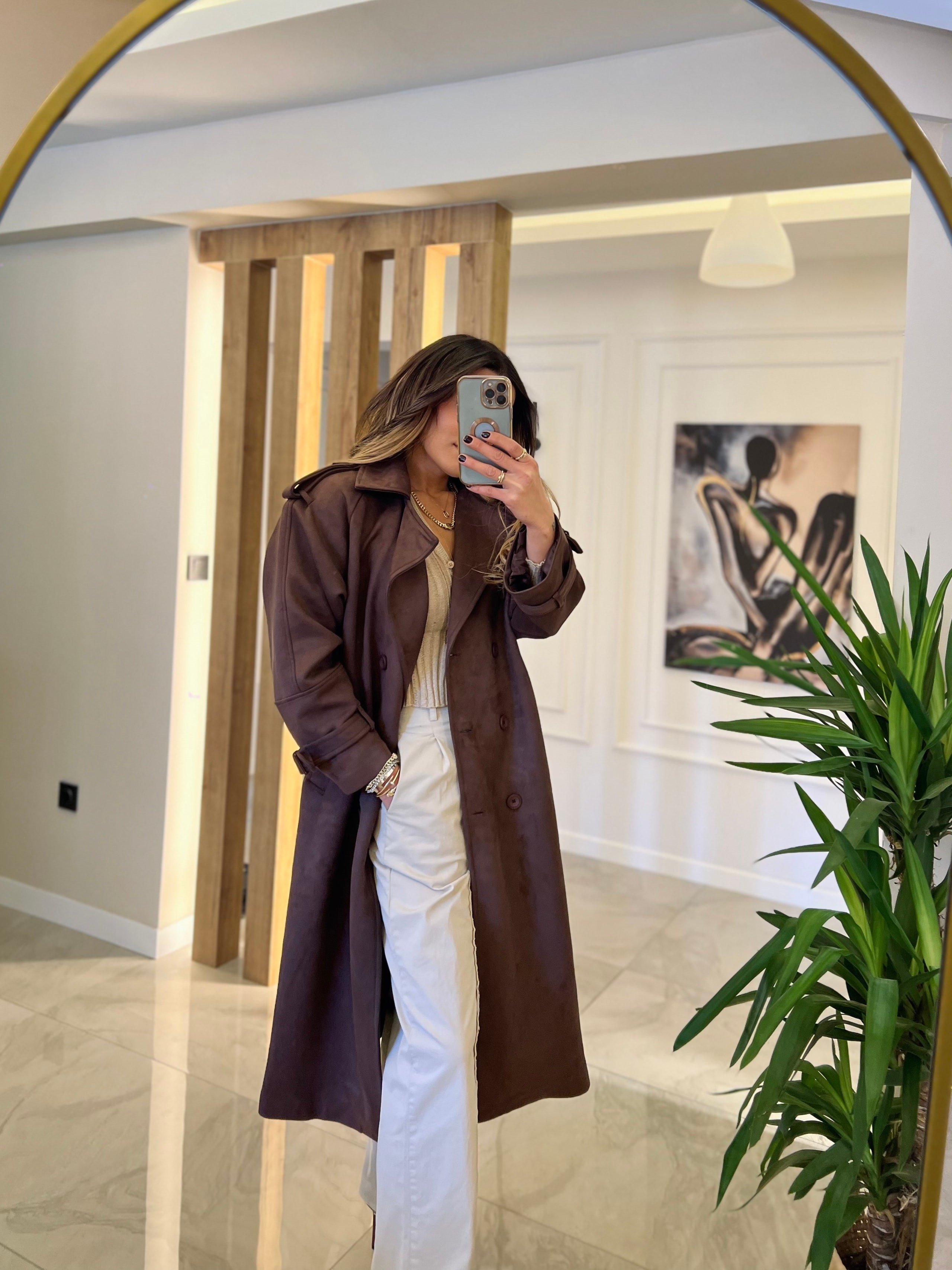 Süet acı kahve trenchcoat