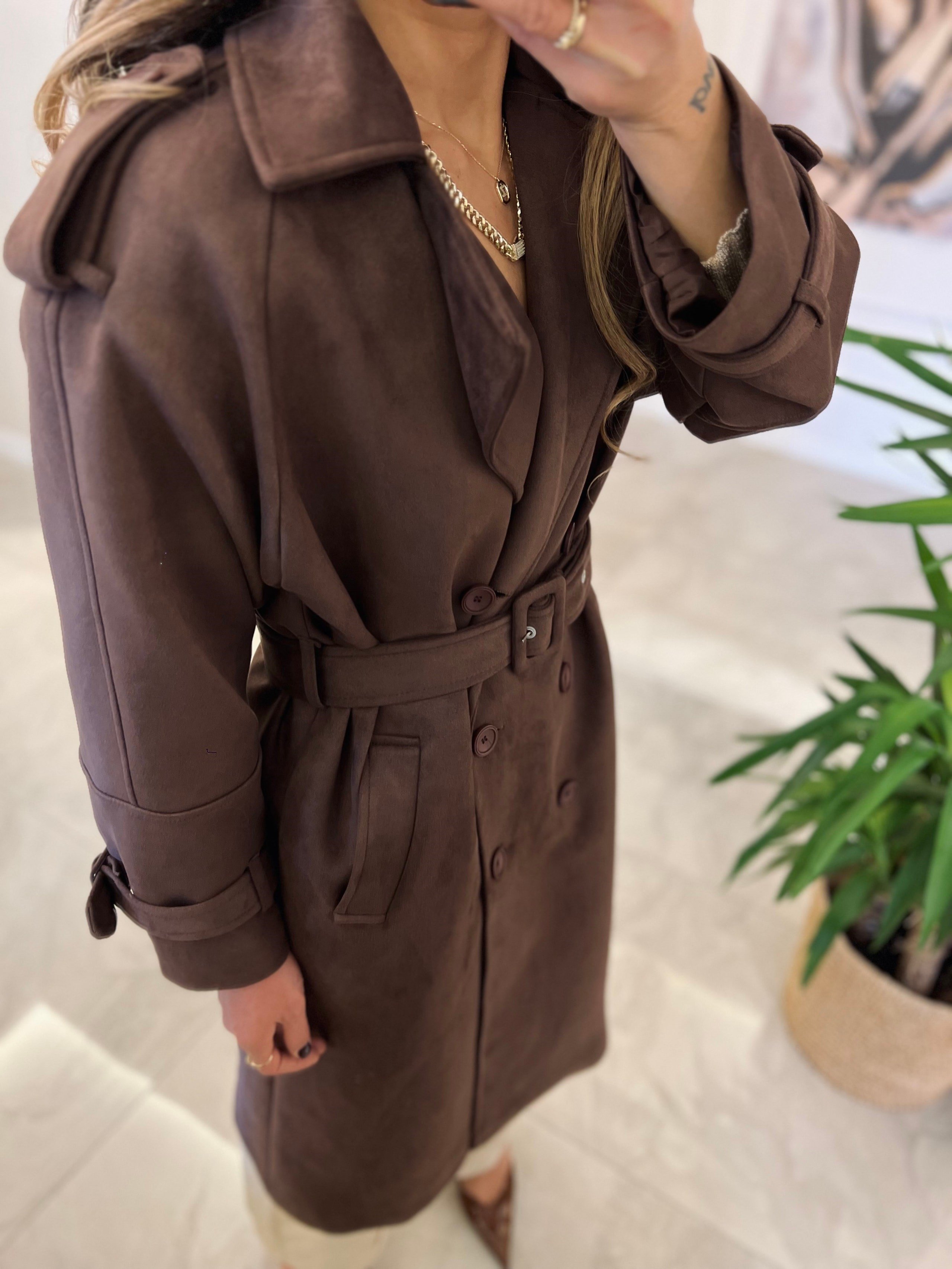 Süet acı kahve trenchcoat