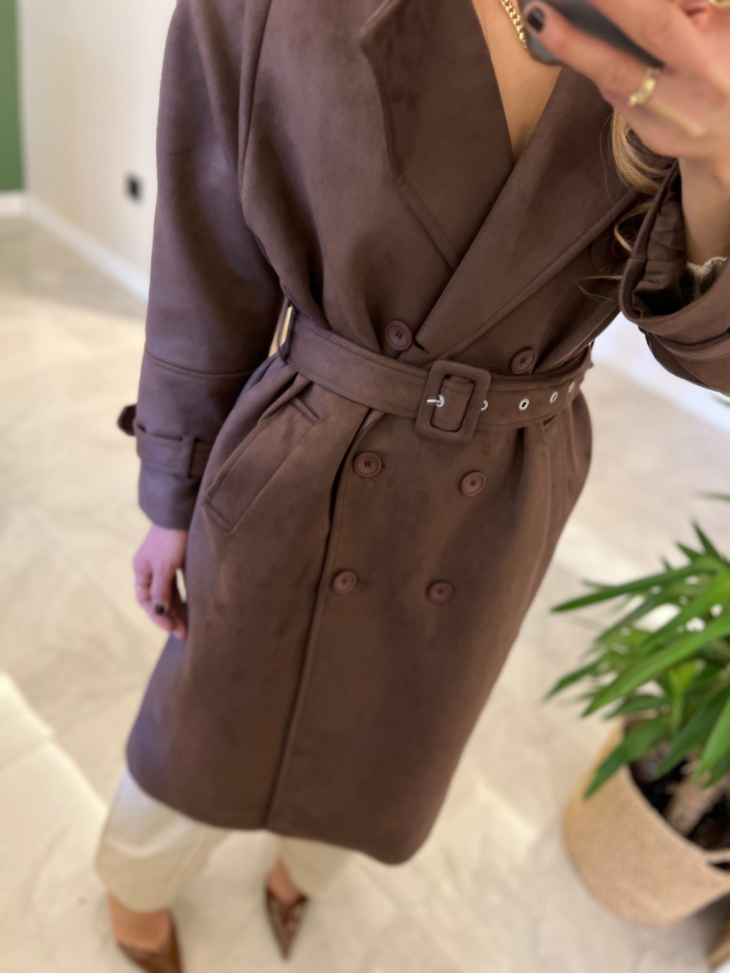 Süet acı kahve trenchcoat
