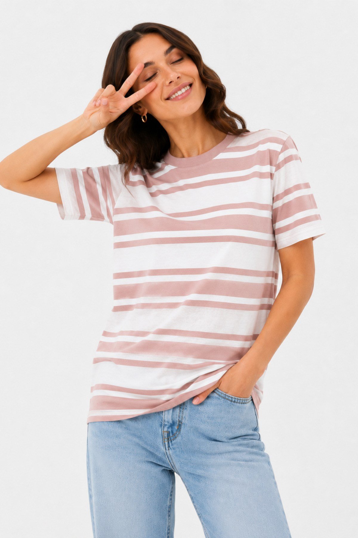 Kadın %100 PAMUKLU Pembe Çizgili Bisiklet Yaka T-Shirt