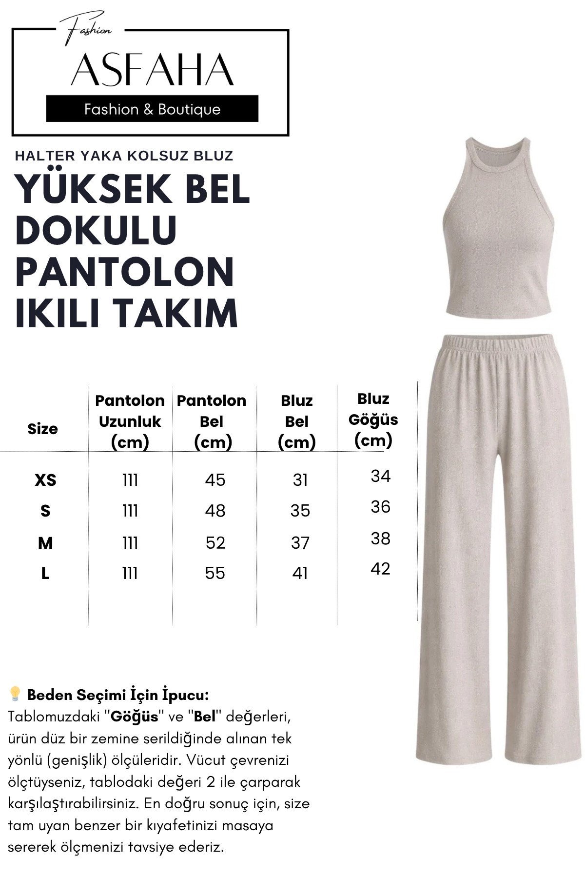Kadın Bej Halter Yaka Dokulu Beli Lastikli Pantolonlu İkili Takım