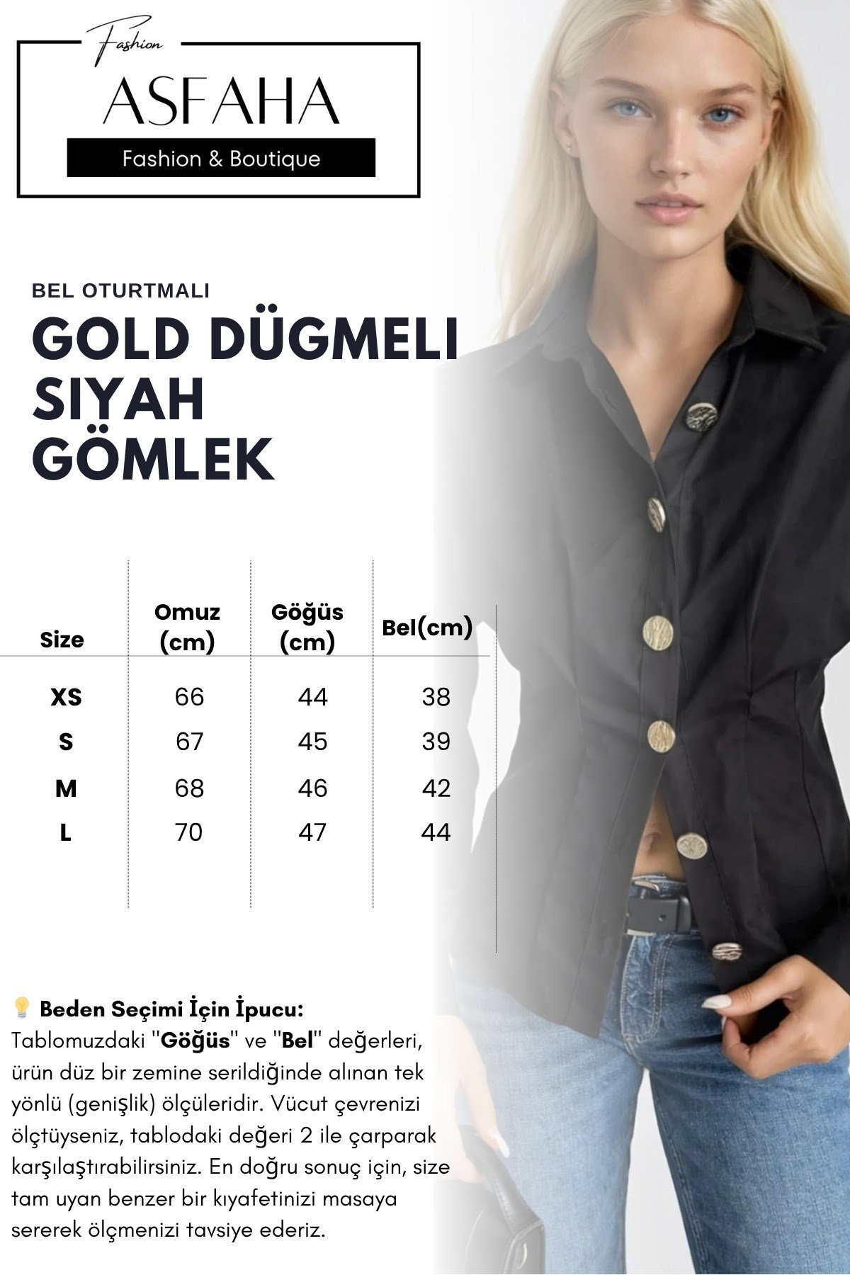 Kadın Bel Oturtmalı Gold Düğmeli Şık Gömlek