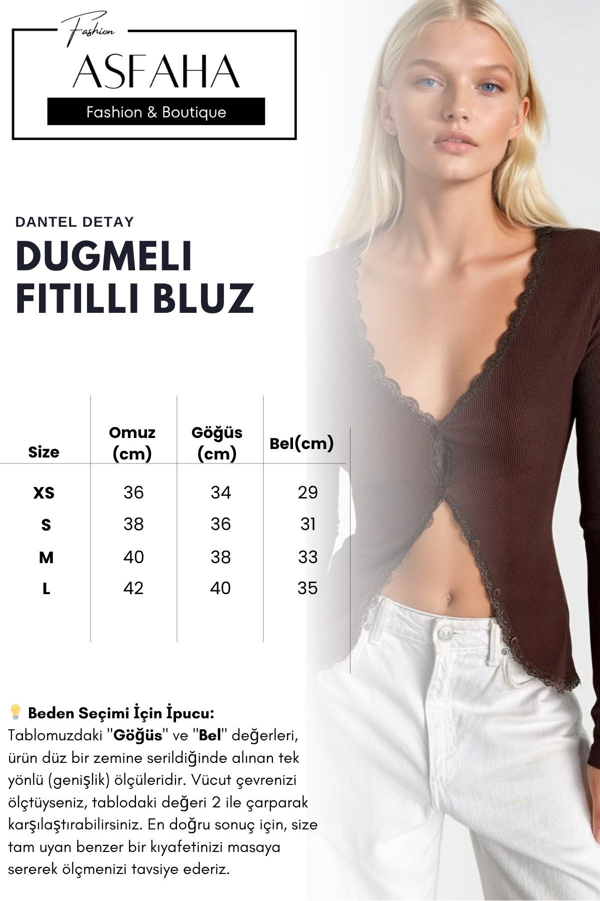 Kadın Kahverengi Dantel Detaylı Düğmeli Fitilli Rahat Kesim Bluz