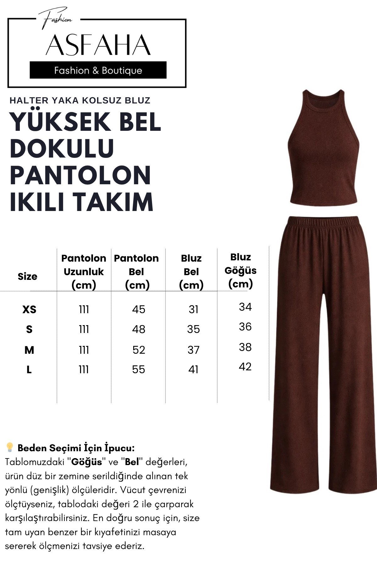 Kadın Kahverengi Halter Yaka Dokulu Beli Lastikli Pantolonlu İkili Takım