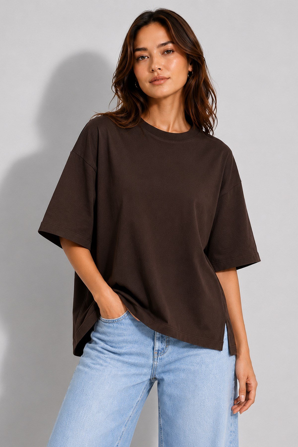 Kadın Pamuklu Yan Yırtmaçlı Oversize T-Shirt