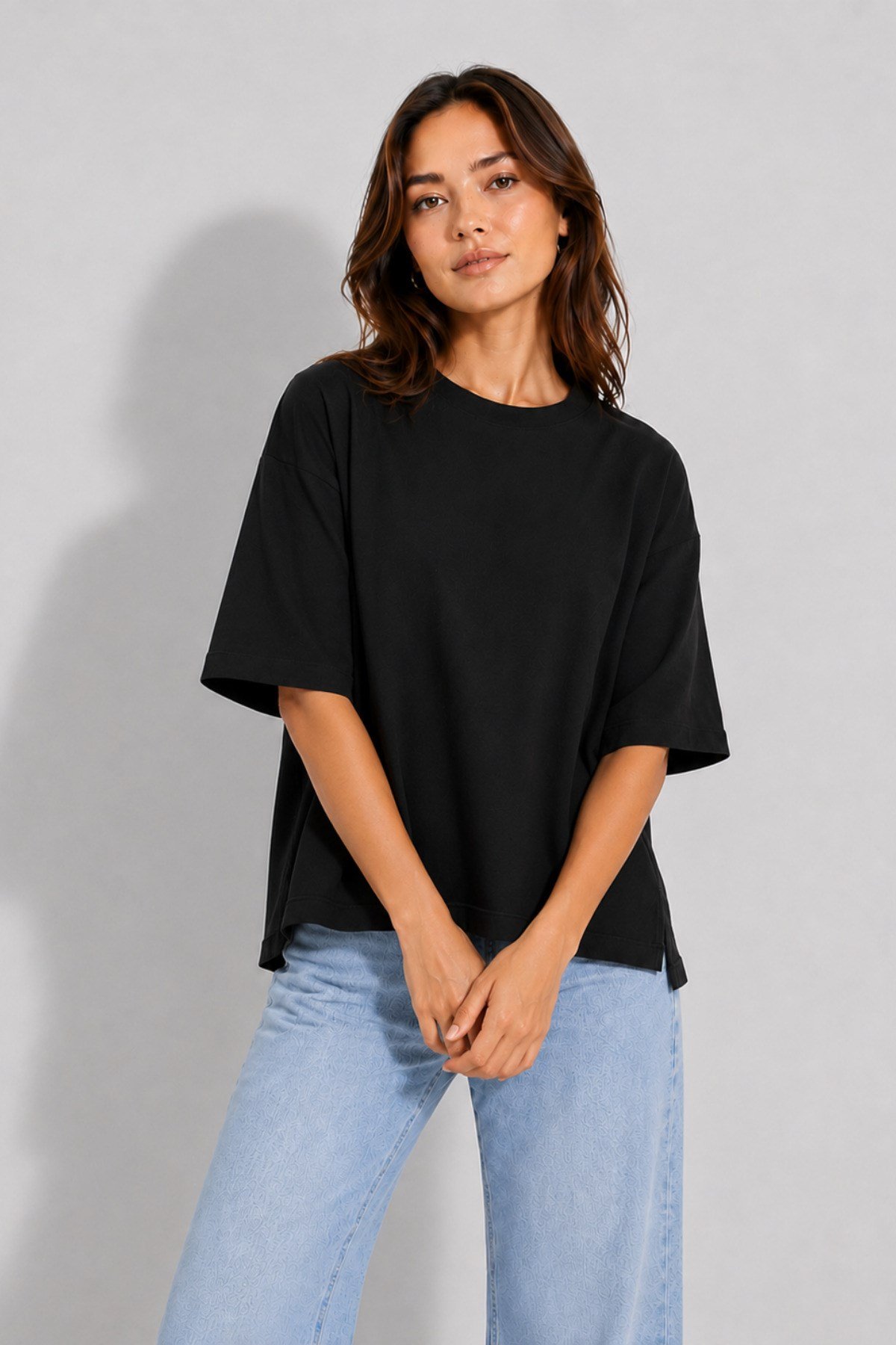 Kadın Pamuklu Yan Yırtmaçlı Oversize T-Shirt