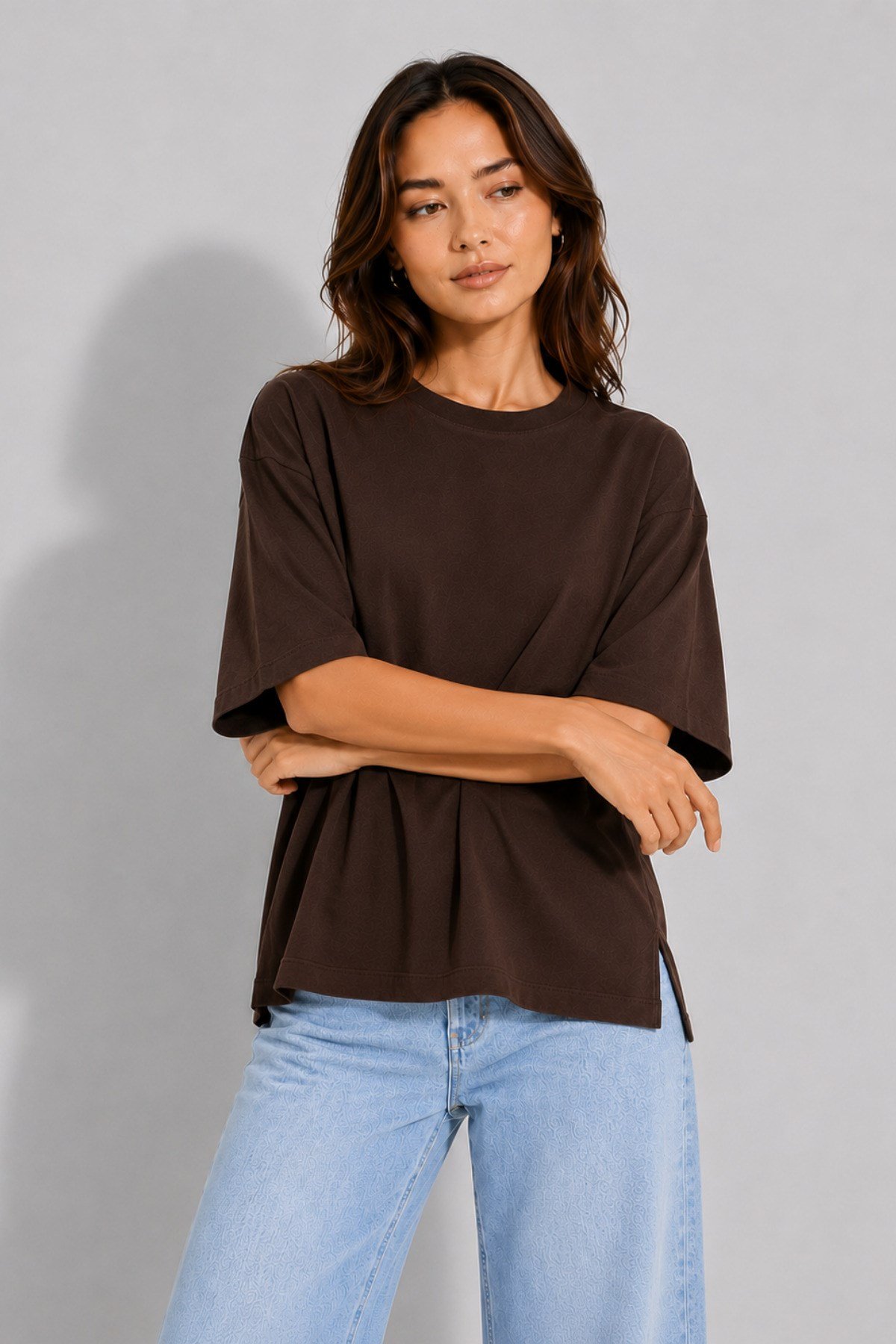 Kadın Pamuklu Yan Yırtmaçlı Oversize T-Shirt