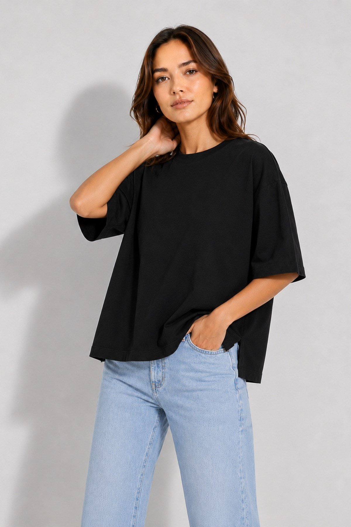 Kadın Pamuklu Yan Yırtmaçlı Oversize T-Shirt